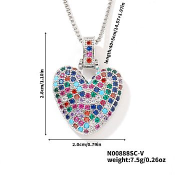 Brass Pave Colorful Cubic Zirconia Pendant Box Chain Necklaces, Platinum, Heart, 15.75 inch(40cm)