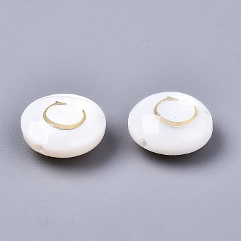 Natural Freshwater Shell Beads, with Golden Plated Brass Etched Metal Embellishments, Flat Round, Seashell Color, Letter.C, 8x3~5mm, Hole: 0.5~07mm