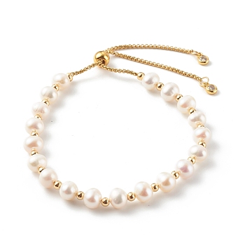 Round Natural Pearl Slide Bracelets, Bolo Bracelets, with 304 Stainless Steel Box Chains, Golden, White, Inner Diameter: 1-3/4~3-3/8 inch(4.3~8.5cm)