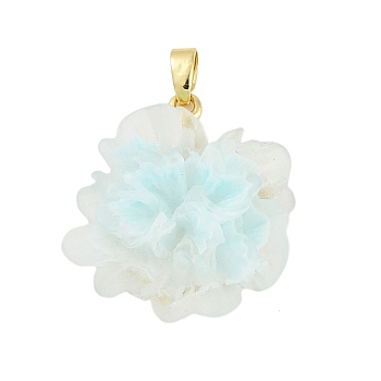 Rack Plating Brass Pendants, with Resin, Cadmium Free & Lead Free, Long-Lasting Plated, Real 18K Gold Plated, Flower, Pale Turquoise, 26x24x13mm, Hole: 4x2.5mm