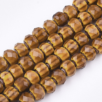 Glass Beads Strands, Faceted, Rondelle with Flower, Orange, 7.5~8x5.5mm, Hole: 1~1.5mm, about 74pcs/strand, 16.1 inch