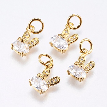Brass Micro Pave Cubic Zirconia Bunny Charms, Cadmium Free & Lead Free, Rabbit, Real 18K Gold Plated, 12x6x2.5mm, Hole: 3mm