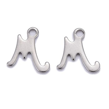 304 Stainless Steel Pendants, Alphabet, Stainless Steel Color, Letter.M, 10x10x1mm, Hole: 1.5mm