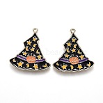Halloween Theme Witch Hat Alloy Enamel Pendants, Magic Hat with Star and Moon & Pumpkin Pattern, Light Gold, 26.5x24.5x1.5mm, Hole: 1.6mm(ENAM-J649-11LG-02)