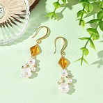 Alloy & Resin & Acrylic Pearl Dangle Earrings, Natural Amber & Brass Dangle Earrings for Women, Rhombus & Flower, Golden, 59.5x14.5mm(EJEW-JE07366)