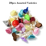 20Pcs Iron Pendants, with Cloth and ABS Plastic Imitation Pearl, Flower, Golden, Mixed Color, 25~32x15~25mm, Hole: 1~4mm(FIND-YW0008-28)