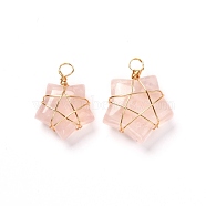 Natural Rose Quartz Pendants, with Real 18K Gold Plated Eco-Friendly Copper Wire, Star, 25~34x19~29x9~10.5mm, Hole: 4~4.5mm(PALLOY-JF00923-02)