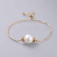 Adjustable Slider Bracelets, Bolo Bracelets, with Plastic Imitation Pearl Beads, Cubic Zirconia, Brass Rhinestone Spacer Beads and Box Chains, Golden, 9-1/2 inch(24cm)(BJEW-JB04581-02)