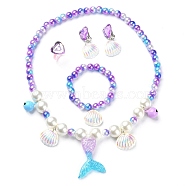 Plastic & Resin Bead Jewelry Set for Kids, including Shell & Mermaid Tail Pendant Necklaces & Charm Bracelets, Heart Finger Rings & Clip-on Earring, Medium Purple, Necklace: 18-1/2 inch(47cm), Earring: 38x20mm, Inner Diameter: Bracelet: 1-5/8 inch(4.2cm), Ring: 15mm(SJEW-F221-01)