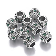 Alloy Rhinestone Beads, Large Hole Beads, Column, Antique Silver, Emerald, 10x8.5mm, Hole: 5.5mm(ALRI-G057-04AS)