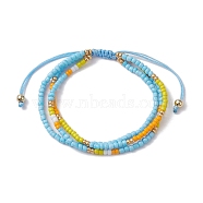 Adjustable Glass Seed Beaded Triple Layer Multi-strand Bracelet, Nylon Cord Braided Bead Bracelets, Light Sky Blue, Inner Diameter: 2-3/8~3-1/2 inch(5.9~8.9cm)(BJEW-MZ00048-02)