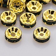 Brass Rhinestone Spacer Beads, Grade AAA, Straight Flange, Nickel Free, Golden Metal Color, Rondelle, Jet, 8x3.8mm, Hole: 1.5mm(RB-A014-Z8mm-02G-NF)
