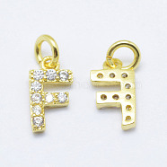 Brass Micro Pave Grade AAA Cubic Zirconia Charms, Letter F, Cadmium Free & Nickel Free & Lead Free, Real 18K Gold Plated, 9x5x1.5mm, Hole: 2mm(X-ZIRC-P067-11G-F-NR)