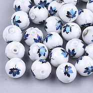 Autumn Theme Electroplate Glass Beads, Round with Maple Leaf Pattern, Blue, 8~8.5mm, Hole: 1.5mm(EGLA-S178-10C)