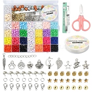 DIY Heishi & Barrel Beads Jewelry Set Making Kit, Including Resin & Acrylic & Polymer Clay & Plastic & Shell Beads, Alloy Charm & Clasp, Iron Findings, Elastic Thread, Scissors & Tweezers, Mixed Color, Heishi Beads: 1560pcs/set(DIY-YW0005-46)