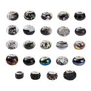 48Pcs 24 Style Large Hole Acrylic & Polymer Clay Rhinestone & Glass & Resin European Beads, with Plated Brass Double Cores, Rondelle, Black, 10~14x7~11, Hole: 5mm, 48pcs/bag(OPDL-YW0001-02)
