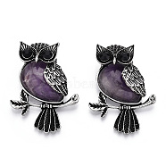 Natural Amethyst Pendants, Antique Silver Plated Owl Charms with Blak Glass, Owl, 45x33.5x19mm, Hole: 8x9.5mm(G-H308-01AS-08)