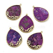 Natural White Jade Imitation Sugilite Pendants, Dyed Teardrop Charms with Rack Plating Golden Plated Brass Findings, 37x27.5x4mm, Hole: 1.6mm(G-E609-02G-01)