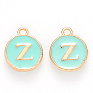 Golden Plated Alloy Enamel Charms, Cadmium Free & Lead Free, Enamelled Sequins, Flat Round with Letter, Turquoise, Letter.Z, 14x12x2mm, Hole: 1.5mm(X-ENAM-S118-05Z)