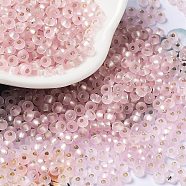 8/0 Glass Seed Beads, Frosted, Silver Lined, Round, Pink, 3x2mm, Hole: 1mm(SEED-Z001-C-E04)
