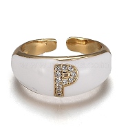 Brass Micro Pave Clear Cubic Zirconia Cuff Rings, Open Rings, with Enamel, Cadmium Free & Lead Free, Golden, Letter.P, US Size 7 1/4, Inner Diameter: 17.6mm(RJEW-H538-03G-P)