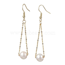 Natural Cultured Freshwater Pearl Beads with Brass Dangle Earrings, Round, Golden, 64x12mm(X-EJEW-JE05757)