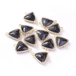 Glass Links connectors, with Eco-Friendly Alloy Open Back Berzel Findings, Faceted, Triangle, Light Gold, Black, 16x12x4.5mm, Hole: 1.2mm(GLAA-A037-E-13KC)