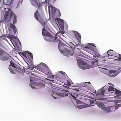 Purple Glass Bicone Beads Strands, Faceted, 4x4mm, Hole: 1mm, about 104pcs/strand(X-GLAA-S026-03)