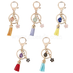 Nbeads 5Pcs 5 Styles Natural Gemstone Nuggets Bead Tassel Pendant Keychain, Alloy Enamel Flower Charm Key Rings for Men Women, Golden, 10.4cm, 1pc/style(KEYC-NB0001-51)