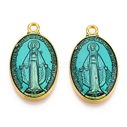 Brass Enamel Pendants, Long-Lasting Plated, Oval with Saint, Golden, Medium Turquoise, 25.5x15x2mm, Hole: 2mm(KK-S345-180B)