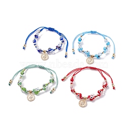 4Pcs 4 Color Round Evil Eye Braided Bead Bracelets Set with Coin Charm, Lucky Friendship Bracelets for Women, Mixed Color, 1-5/8~3-1/2  inch(4~9cm)(BJEW-TA00062)