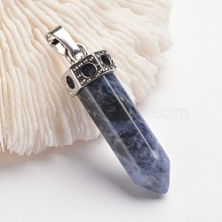 Bullet Brass Gemstone Pointed Pendants, Platinum, Sodalite, 44mm, Hole: 5x8mm(G-F218-10F)