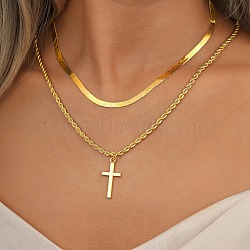 2Pcs Alloy Cross Pendant Necklace Sets, Flat Snake Chain Necklaces for Women, Golden, 16.14 & 17.72 inch(41cm & 45cm)(PW-WG2F292-01)