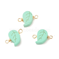 Spray Painted Wood Connector Charms, with Golden Tone Copper Wire Loops, Leaf, Aquamarine, 25~26.5x20x7~7.5mm, Hole: 2.5~3.5mm(PALLOY-JF01428)