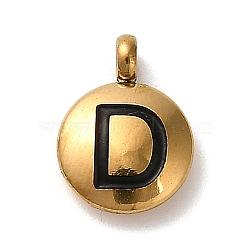 304 Stainless Steel Black Enamel Charms, Golden, Flat Round with Letter Charm, Letter D, 11x8x2.5mm, Hole: 1.8mm(STAS-R009-01G-D)