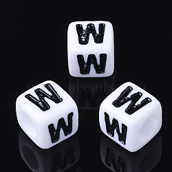 Acrylic Horizontal Hole Letter Beads, Cube, White, Letter W, Size: about 7mm wide, 7mm long, 7mm high, hole: 3.5mm, about 200pcs/50g(X-PL37C9129-W)