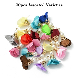20Pcs Iron Pendants, with Cloth and ABS Plastic Imitation Pearl, Flower, Golden, Mixed Color, 25~32x15~25mm, Hole: 1~4mm(FIND-YW0008-28)