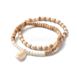 Energy Power Synthetic Turquoise(Dyed) Stretch Bracelets Set for Girl Women, Natural Coconut Rondelle Beads Bracelet with Cowrie Shell , Bisque, Inner Diameter: 2~2-1/4 inch(5.2~5.7cm), 2pcs/set(BJEW-JB06785)