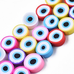 Handmade Polymer Clay Beads Strands, Flat Round with Evil Eye, Colorful, 8~11x4mm, Hole: 1.2mm, about 40pcs/strand, 13.98 inch~ 15.35inch(35.5cm~39cm)(CLAY-S096-041I)
