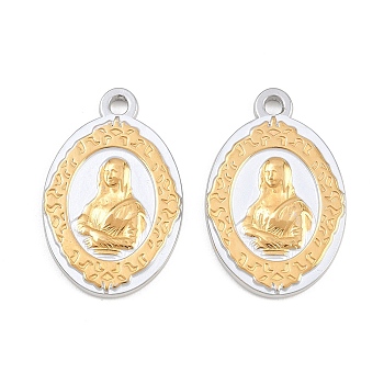 304 Stainless Steel Pendants, Oval with Mona Lisa Portrait Charms, Golden & Stainless Steel Color, 29x19x2.5mm, Hole: 2mm
