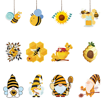 Bees Theme Wooden Pendant Decorations, Jute Cord Hanging Ornaments, Mixed Shapes, Yellow, 60~100x60~100mm, Hole: 3mm, 12style, 3pcs/style, 36pcs/set