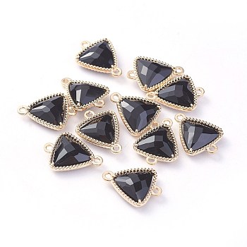 Glass Links connectors, with Eco-Friendly Alloy Open Back Berzel Findings, Faceted, Triangle, Light Gold, Black, 16x12x4.5mm, Hole: 1.2mm