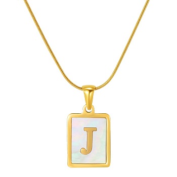 Stainless Steel Snake Bone Chain Alphabet Necklace with Shell Pendant, Letter J, Golden