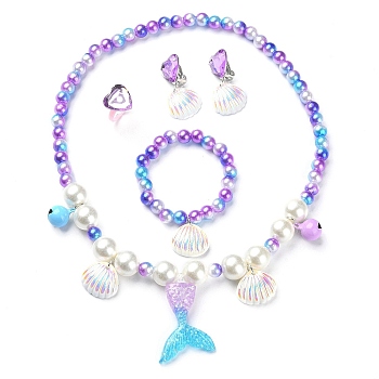 Plastic & Resin Bead Jewelry Set for Kids, including Shell & Mermaid Tail Pendant Necklaces & Charm Bracelets, Heart Finger Rings & Clip-on Earring, Medium Purple, Necklace: 18-1/2 inch(47cm), Earring: 38x20mm, Inner Diameter: Bracelet: 1-5/8 inch(4.2cm), Ring: 15mm