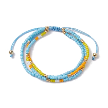 Adjustable Glass Seed Beaded Triple Layer Multi-strand Bracelet, Nylon Cord Braided Bead Bracelets, Light Sky Blue, Inner Diameter: 2-3/8~3-1/2 inch(5.9~8.9cm)