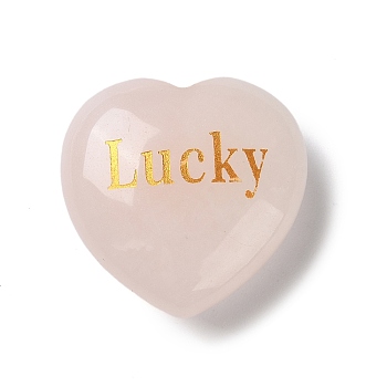 Natural Rose Quartz Display Decoration, Heart with Word Lucky, 30x30x13mm