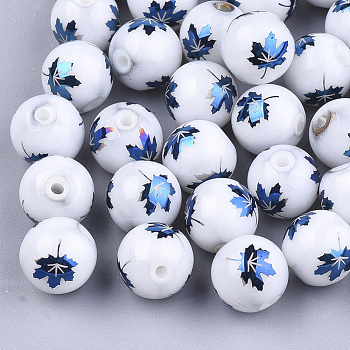 Autumn Theme Electroplate Glass Beads, Round with Maple Leaf Pattern, Blue, 8~8.5mm, Hole: 1.5mm