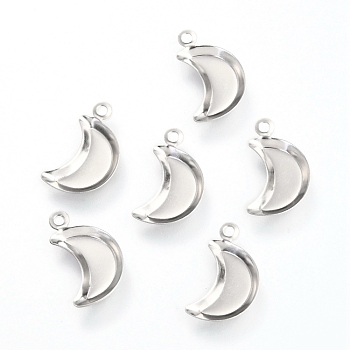 201 Stainless Steel Pendant Cabochon Settings, Moon, Stainless Steel Color, 16x9.5x1.6mm, Hole: 1.6mm, 10x3.8mm Inner Diameter