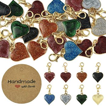 Alloy Enamel & Glitter Powder Pendant Decorations, Heart, with Alloy Lobster Claw Clasps, Golden, Mixed Color, 31mm