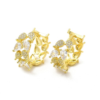 Clear Cubic Zirconia Leafy Branch Hoop Earrings, Brass Jewelry for Women, Light Gold, 19x21x9.5mm, Pin: 0.8mm